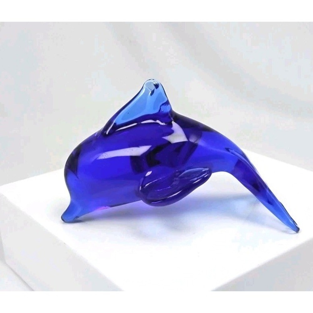 Art Glass Dolphin Hand Blown Cobalt Blue Paperweight 4.5"x2.5"